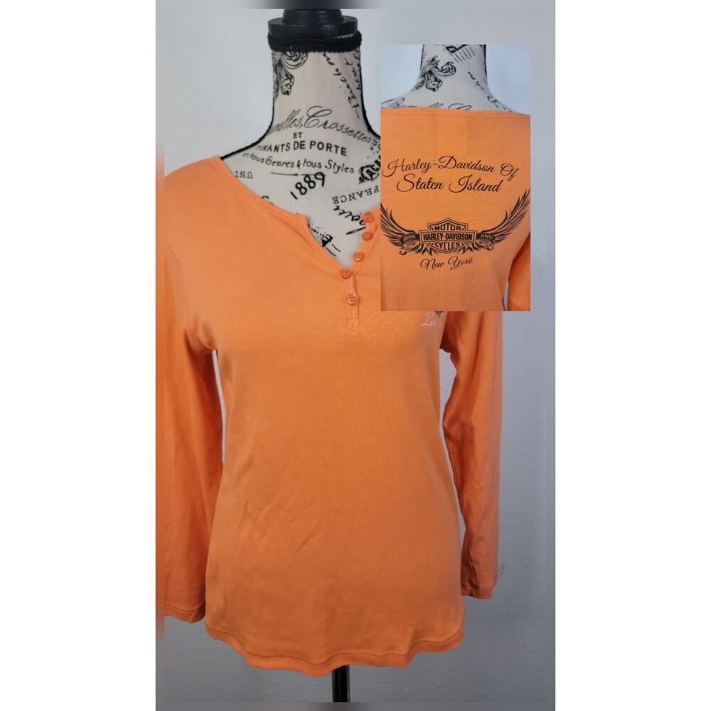 Harley Davidson Long Sleeve Henley Top Womens SZ Small Orange Logo New York